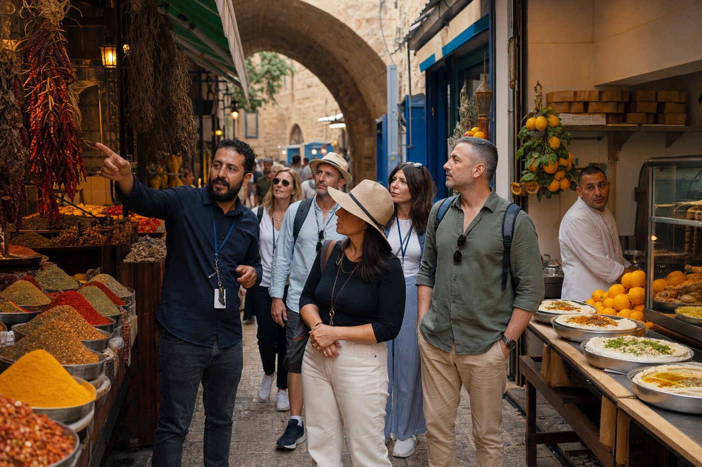 Food tour guide leading a group through Jaffa old market alley