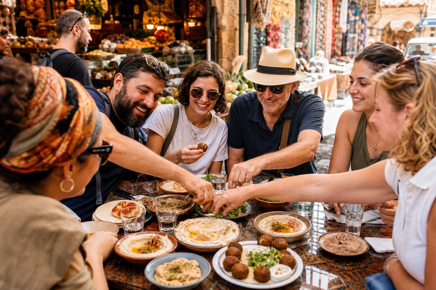 Guided food tour group sharing mezze at Jaffa market