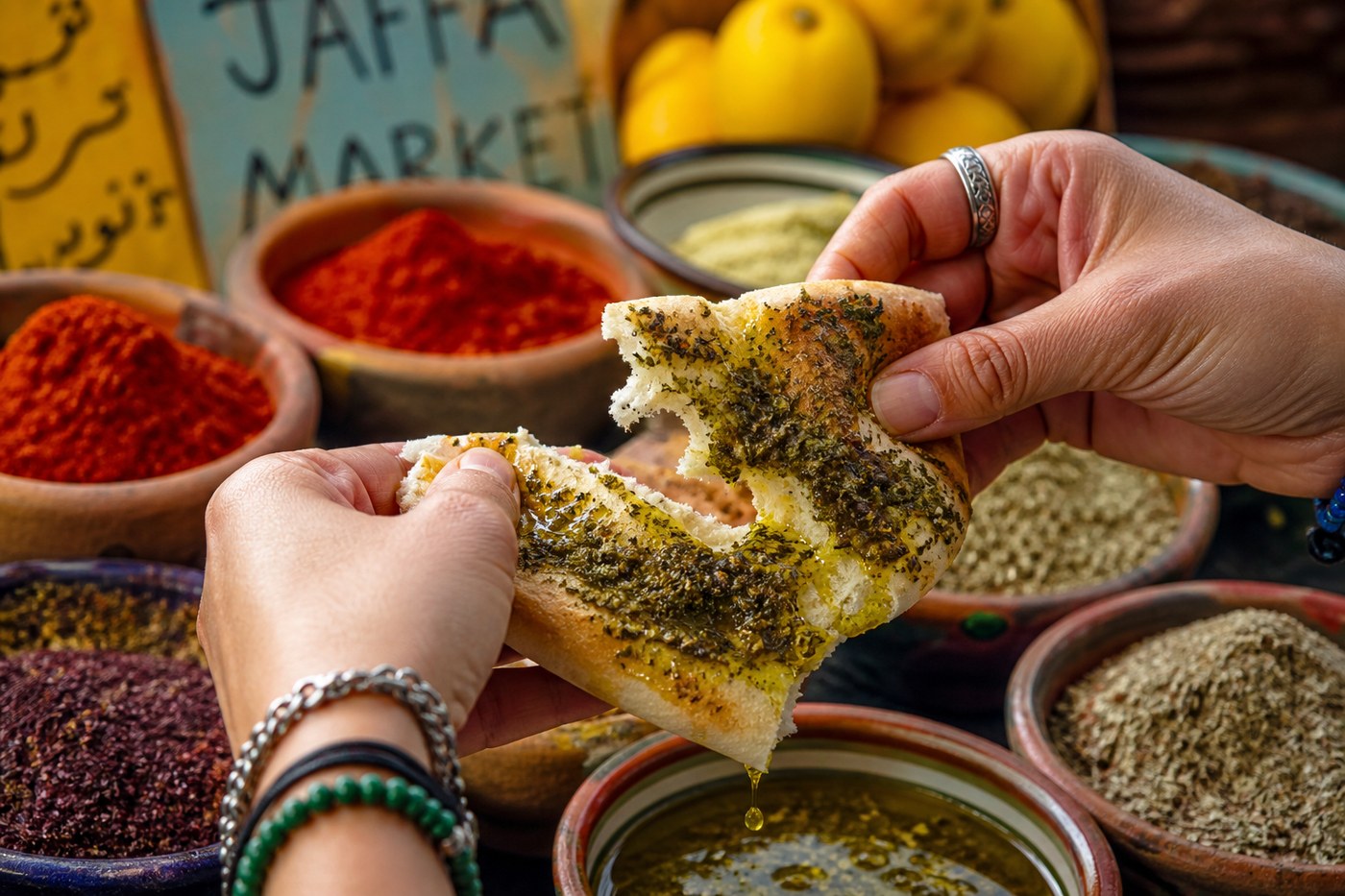 Hands breaking fresh pita with zaatar and olive oil at market tasting