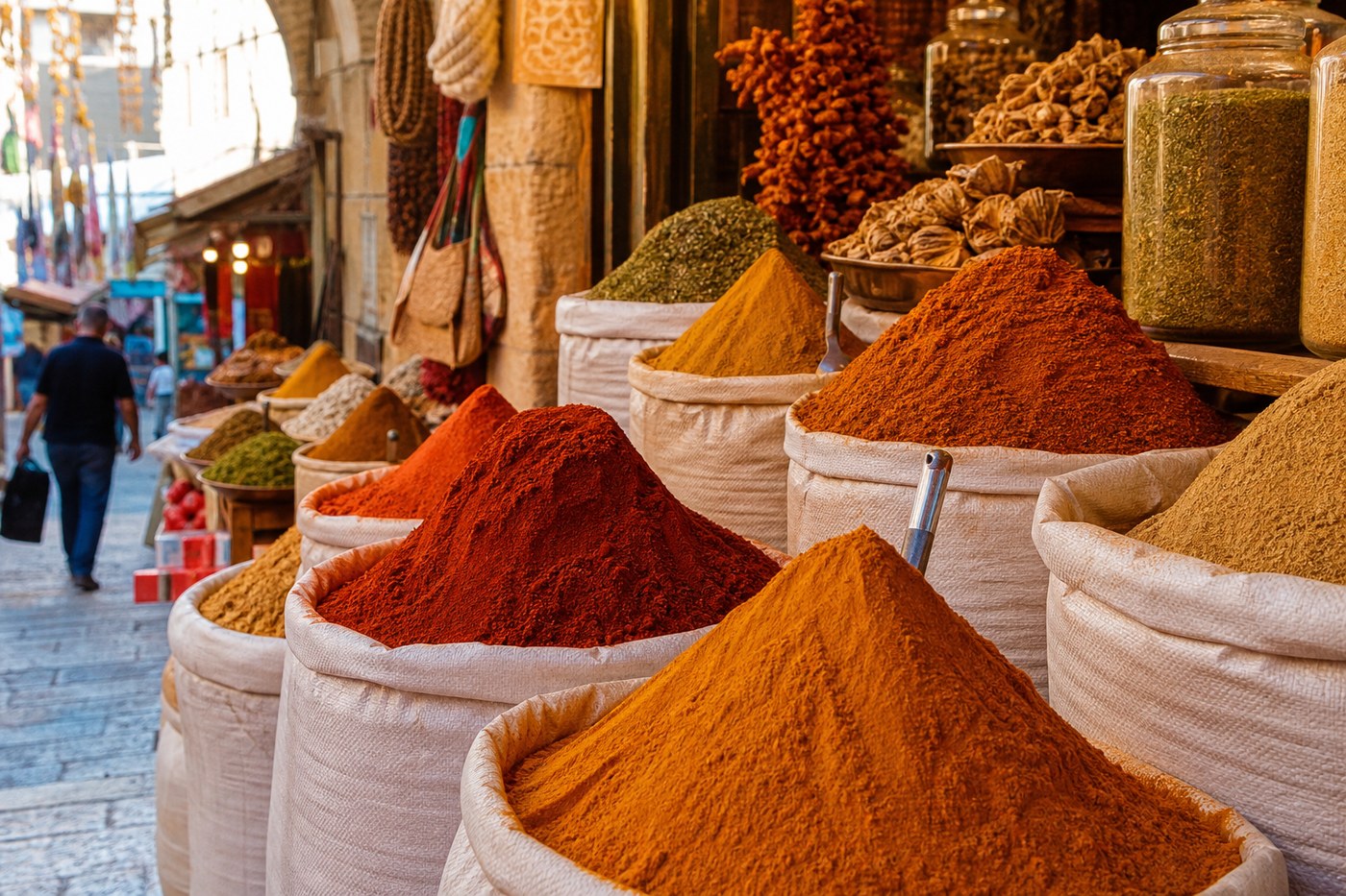 Towering spice piles of paprika, cumin, and turmeric at Jaffa market