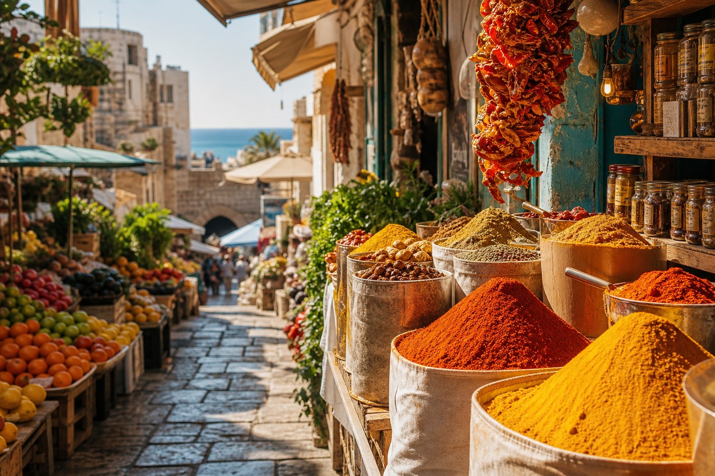 Colorful spice stalls at Jaffa flea market with paprika and fresh produce
