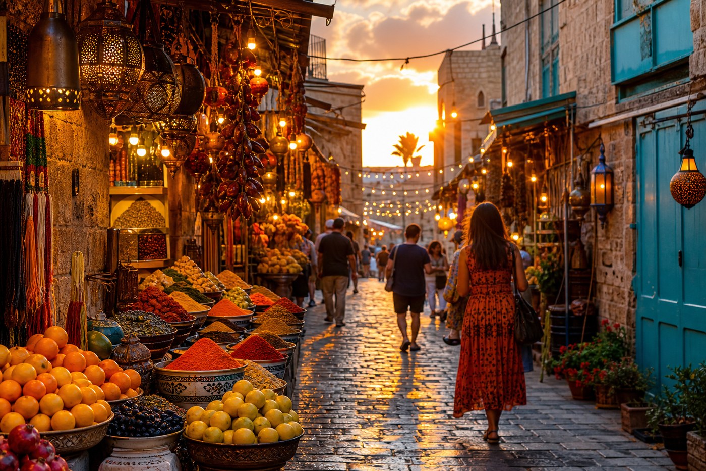 Evening sunset tour through colorful Jaffa market alley